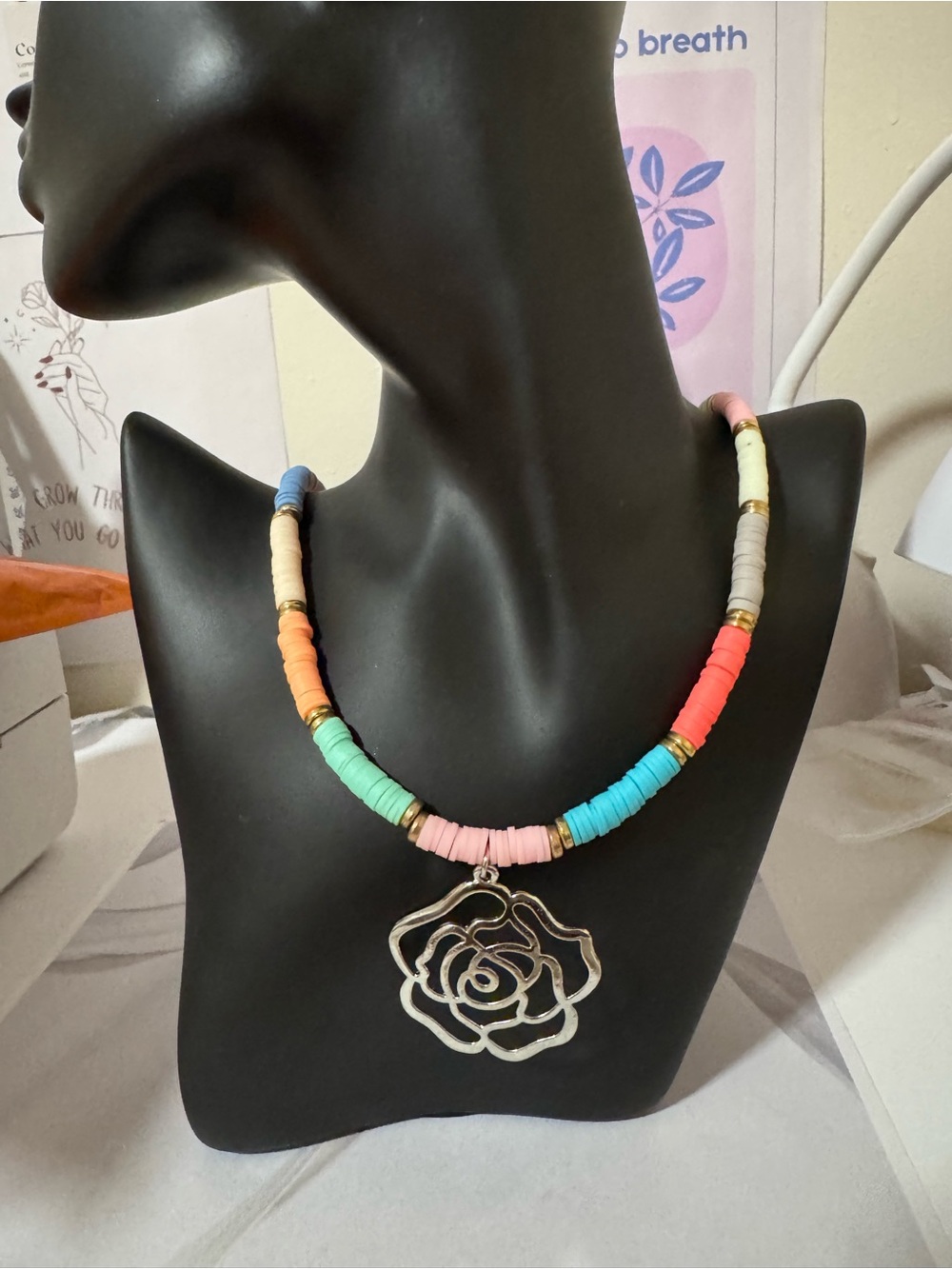 Multicolor Beaded Necklace with Silver Rose Pendant